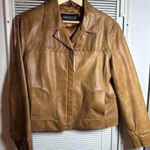 Whet Blu Leather Whip Stitched Jacket Womens Sz L Tan Moto Waist Length